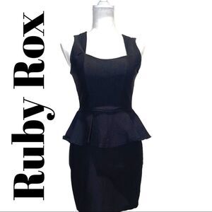 RUBY ROX- Black Peplum dress w/ Lace back Accent, Back Zipper closure, Size 7